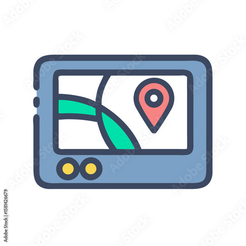 GPS Navigation Device Displaying Location Marker and Road, Digital Route Guidance