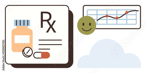 Prescription bottle, pills, and Rx text with rising chart featuring data points and smiling face. Ideal for health care, wellness, pharmacy, medicine, patient satisfaction progress growth. Simple