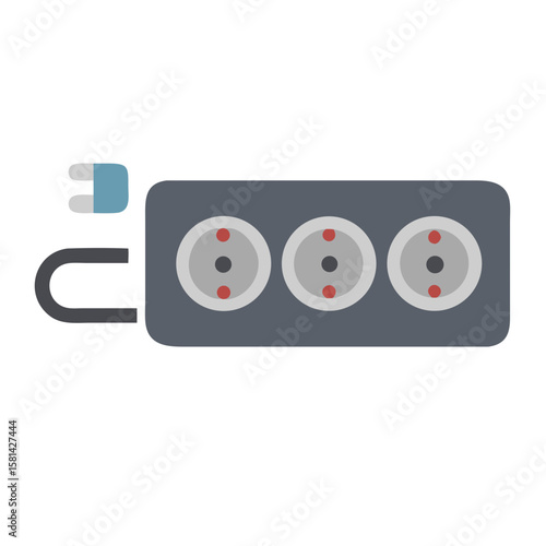 Power strip with plug and three outlets on black background image.