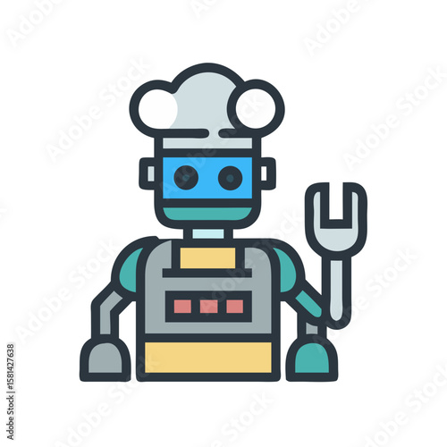 Robot Mechanic Cartoon with Chef Hat Wielding Wrench Isolated on Black