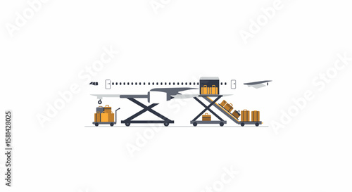 Airplane Luggage Loading with Conveyor Belt and Baggage Carts Illustration.