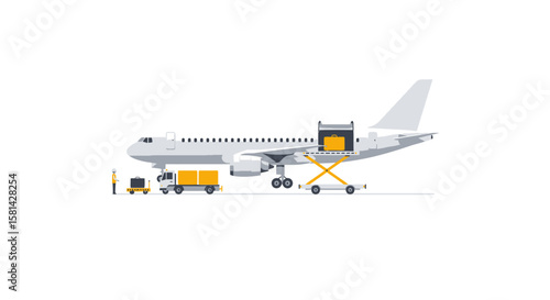 Aircraft Loading with Luggage Ground Crew and Support Vehicles Illustration.