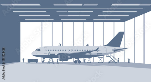 Aircraft Maintenance in Hangar: Plane Supported by Scaffolding with Workers.