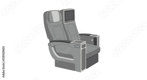 Gray Airplane Seats with Headrest Screens and Armrests Isolated.