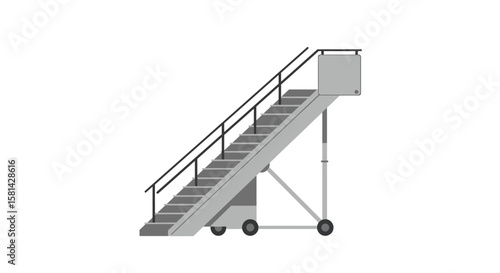 Gray Aircraft Stairway with Black Handrails and Small Wheels Illustration.