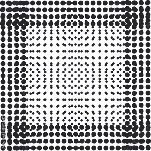 The dots overlap each other to create a texture with symmetry and the effect of a watery or atomic environment vibrating.