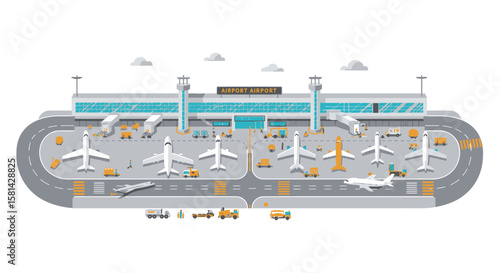 Airport Terminal with Airplanes Vehicles and Infrastructure in Flat Vector Style.