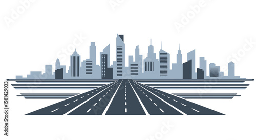 Modern Cityscape Silhouette with Road Leading to Urban Skyline.