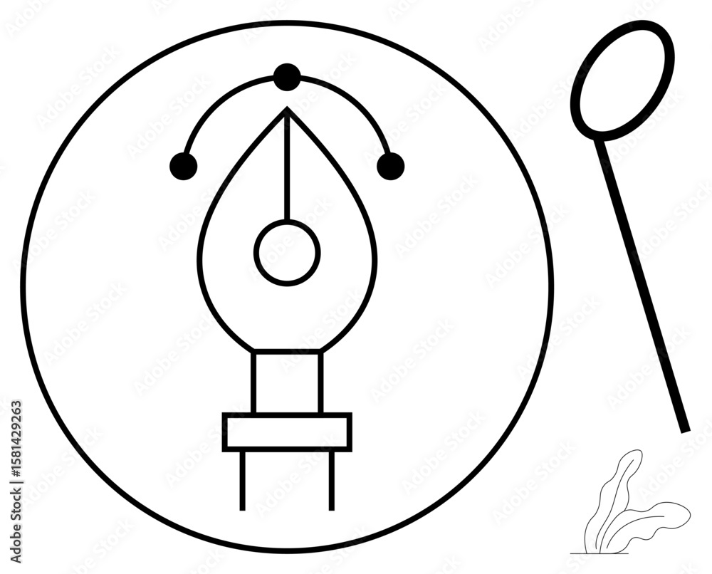 Fototapeta premium Pen tool inside a circle with adjustable points and curves, magnifying glass, and leaf elements. Ideal for creativity, design, technology, precision, innovation education branding. Simple flat