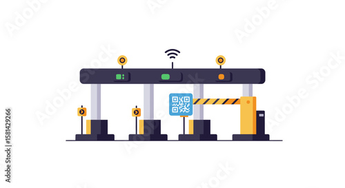 Modern Automatic Toll Gate with QR Code and Yellow Barrier Arm.