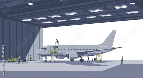 Airplane Maintenance: Workers Servicing a Passenger Jet in Hangar.