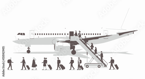Airplane with Passengers Boarding via Stairs Grey Scale Illustration.