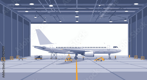 Aircraft Maintenance: Passenger Plane Inside Hangar with Support Equipment and Personnel.