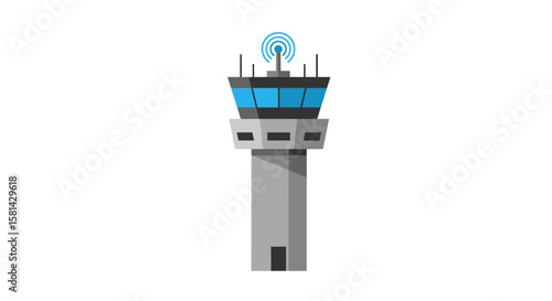 Stylized Airport Control Tower with Blue Windows and Antenna.
