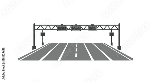 Gray Highway Toll Plaza with Digital Displays and Overhead Structure.