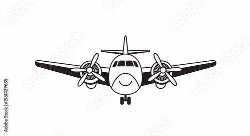 Cartoon Airplane with Propellers and Smiling Face Black and White Outline.