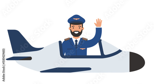 Cartoon Pilot Waving from Airplane Cockpit with Blue Uniform and Cap.