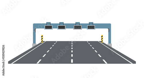 Gray Asphalt Road with Blue Gantry and Black and Yellow Striped Posts.