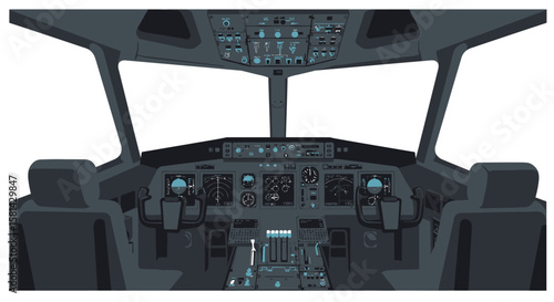 Detailed Airplane Cockpit Illustration with Controls and Instrument Panels.