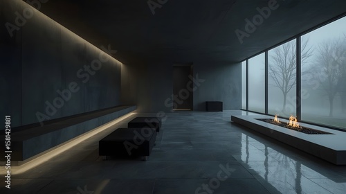 Wallpaper Mural Modern brutalist interior with sleek concrete surfaces, built-in fireplace, and panoramic glass walls looking out into a misty, minimalist winter landscape

 Torontodigital.ca