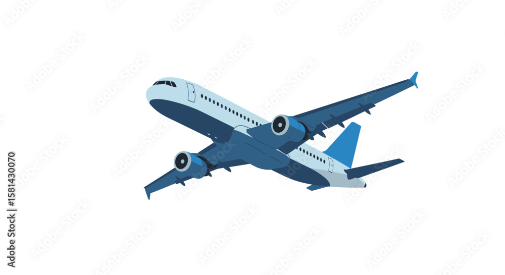 Blue and White Passenger Airplane with Two Engines Vector Illustration. Blue and White Passenger Airplane with Two Engines Vector Illustration.
