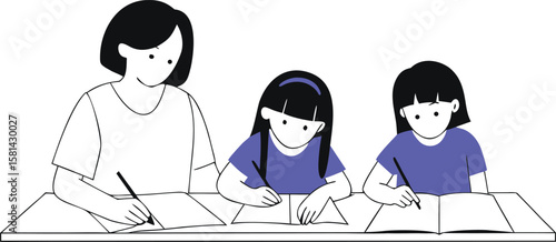 A heartwarming scene depicting a dedicated teacher assisting a student with their studies while a supportive mother offers gentle guidance and help at home during homework time