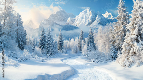 winter pine forest covered in pristine white snow. tranquil and beautiful background scene