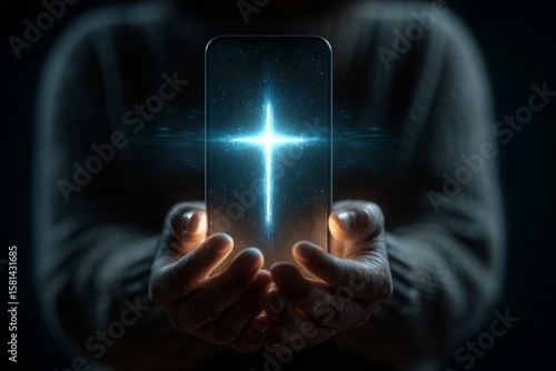 Digital faith: smartphone with glowing cross display. Spiritual growth. How true belief transcends mere biblical familiarity. Harmony with tech. Tech and faith.