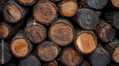 A rustic pile of firewood, neatly stacked with dark, sooty wood sticks. The charred and weathered texture highlights natural aging, fire use, and rural simplicity. Warm and earthy tones dominate.

