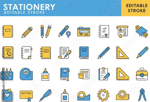 Stationery icons, editable stroke vector pack, school and office supplies illustrations, writing and crafting tools graphics, desktop organization visuals, study material symbols, design set