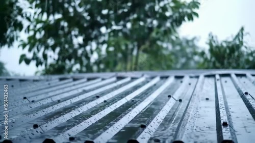 Rain falling on a corrugated metal roof on a rainy day