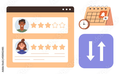 User profiles rated with stars on a browser window, a clock and notification calendar, and up-down priority arrows. Ideal for feedback, evaluation, scheduling, reminders, prioritization, deadlines