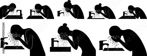 Silhouette of a person washing their face with water from a faucet in a sink