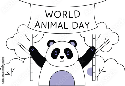 Charming illustration celebrating global animal welfare and conservation efforts featuring a beloved panda bear in a vibrant natural setting with diverse flora and fauna