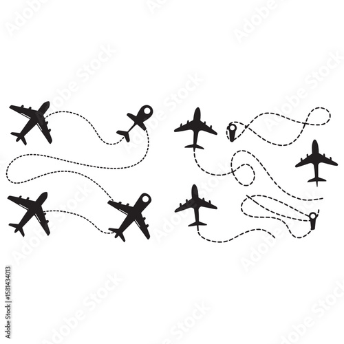 Line path vector icons of air plane flight routes with start point and 
dash line trace.