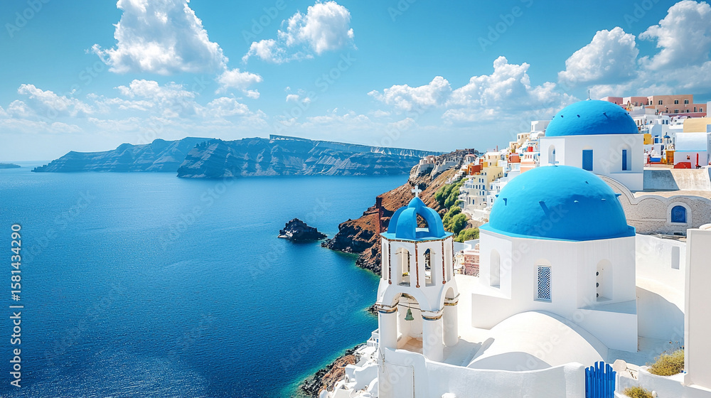 Fototapeta premium Panoramic view of Santorini, Greece, featuring whitewashed buildings of Fira and Oia perched on volcanic cliffs. Aegean Sea glistens below. Ideal for travel backgrounds with soft blur and warm tones.