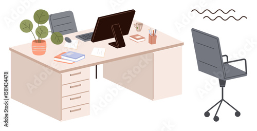 Organized workspace featuring desk with monitor, laptop, plant, books, stationery, coffee mug, rolling chair aside. Ideal for productivity, organization learning focus planning workplace modern