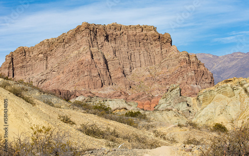 BEAUTIFUL MOUNTAIN LANDSCAPE, COLORFUL ROCKY, ARID, WITH YELLOW ROCKS AND RED ROCKS, IN SANTA MARIA CATAMARCA ARGENTINA