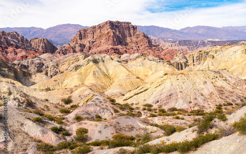 BEAUTIFUL MOUNTAIN LANDSCAPE, COLORFUL ROCKY, ARID, WITH YELLOW ROCKS AND RED ROCKS, IN SANTA MARIA CATAMARCA ARGENTINA