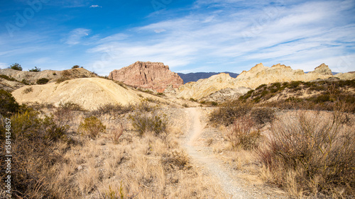 BEAUTIFUL MOUNTAIN LANDSCAPE, COLORFUL ROCKY, ARID, WITH YELLOW ROCKS AND RED ROCKS, IN SANTA MARIA CATAMARCA ARGENTINA