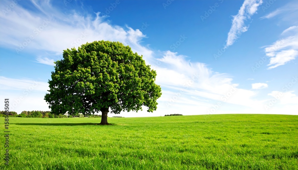 Fototapeta premium Lush green field with solitary tree under a vibrant sky