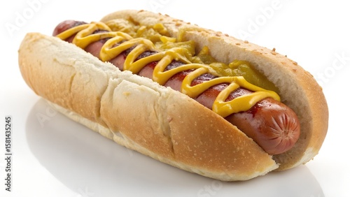 Classic Hot Dog with Yellow Mustard and Relish on White Background









