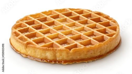 Golden Belgian Waffle with Maple Syrup Drizzle on White Background

