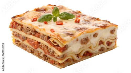 Layered Baked Pasta Dish with Meat, Cheese, and Garnished Topping


