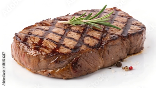 Grilled Steak with Crosshatch Marks and Fresh Rosemary Garnish on White Background


