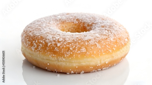Golden-Brown Donut Dusted with Powdered Sugar on Reflective White Surface


