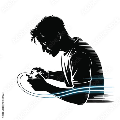 Silhouette of a young man intensely playing video games with a controller and glowing lines