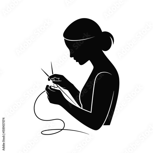 Silhouette of a woman knitting with yarn and needles on a white background