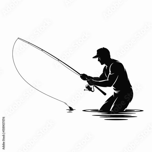 Silhouette of a fisherman in water casting a fishing rod with a bent pole