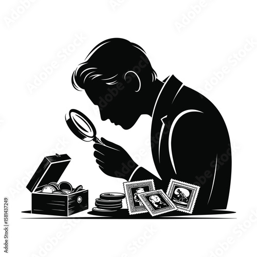 Man with magnifying glass examining stamps and coins from a treasure chest